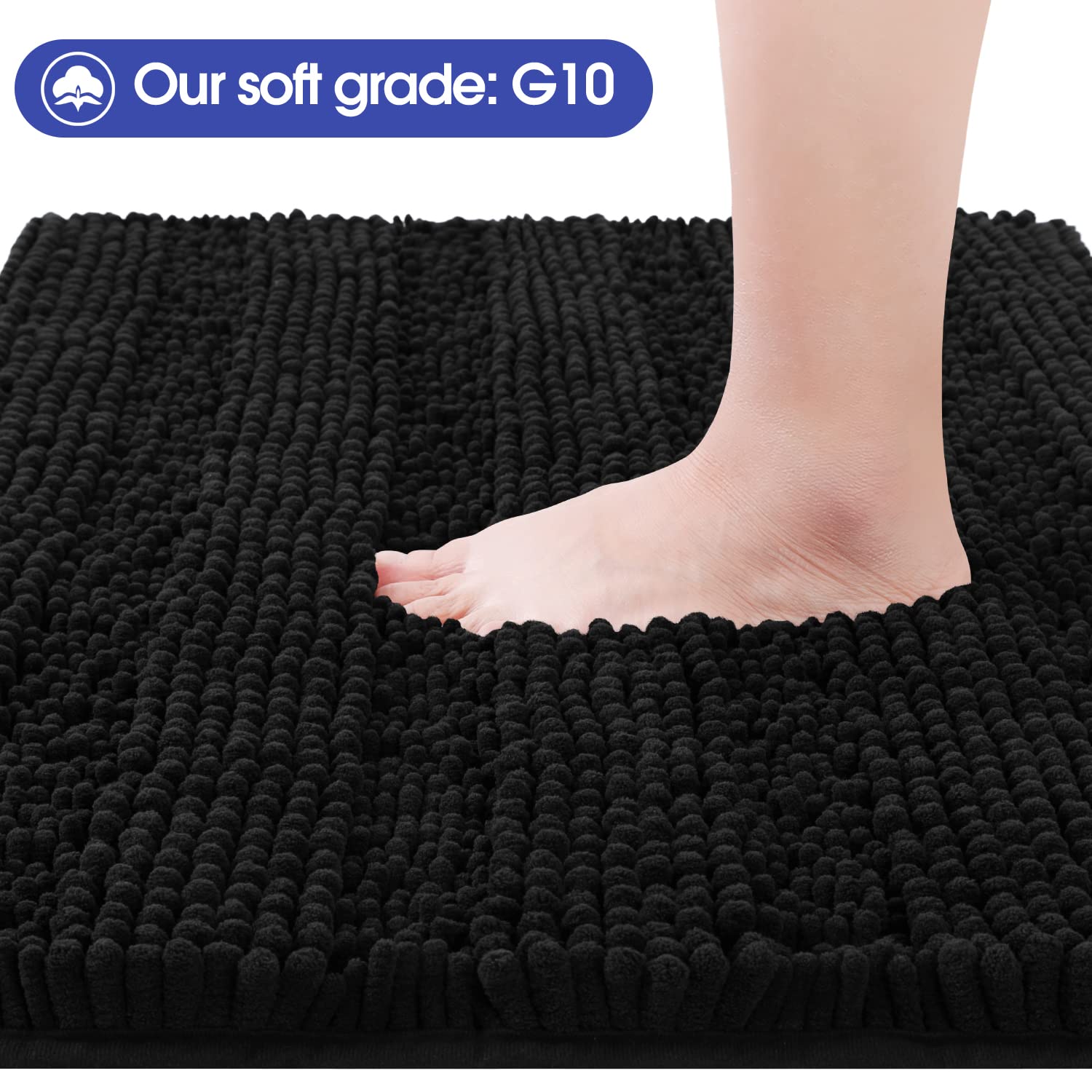 Accumtek Striped Black Bathroom Rug Mat 47.5''X17'' Ultra Soft, Non Slip Chenille Bath Rugs, Absorbent Plush Shaggy Bath Mats Fo